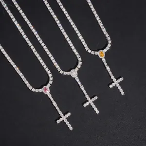 Macro view of 3mm 925 silver Moissanite Hip Hop cross tennis necklaces with stones