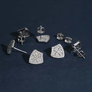 Detailed close-up of shield-shaped S925 silver earrings with D color Moissanite