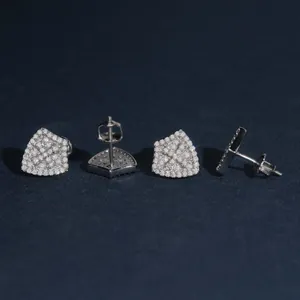 Macro view of S925 silver shield stud earrings with pavé set moissanite stones