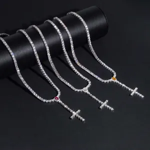 Detailed view of three 925 silver moissanite cross tennis chains in hip hop style.