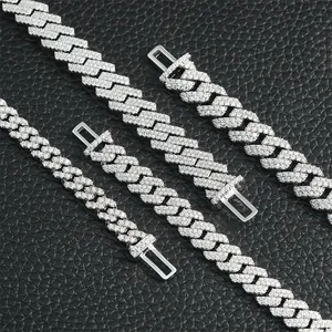 Detailed close-up showing single row moissanite stones paved on S925 silver Cuban link chain
