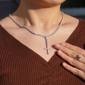 Premium silver moissanite hip-hop cross pendant necklace and ring worn by model