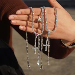 Iced out 925 silver moissanite tennis necklaces featuring sparkling cross pendants