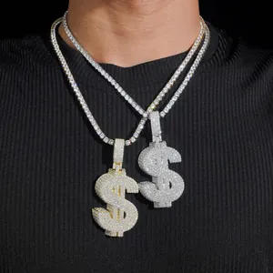 Collana con pendente a segno di dollaro in argento sterling S925 Moissanite hip-hop