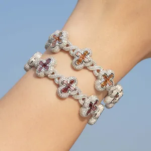 Close-up detail of S925 silver moissanite bracelet with champagne clover stones.