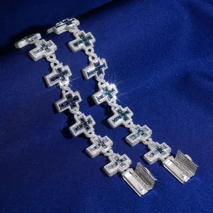 Sparkling S925 silver cross bracelet featuring blue moissanite stones and full pave detail
