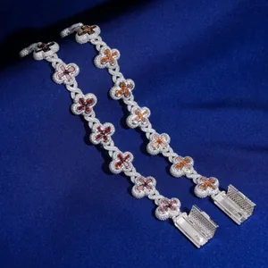 Hip hop style S925 silver moissanite cross bracelets with champagne and red stones