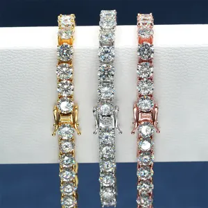 Detail view of 925 silver moissanite tennis bracelets in gold, silver, and rose gold finishes.
