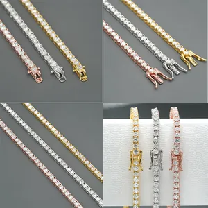 Close-up of 3-4mm Moissanite tennis chains in gold, silver, and rose gold finishes.