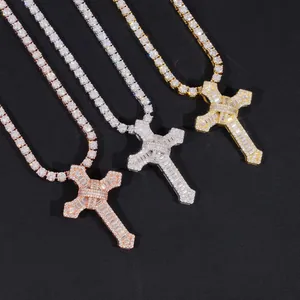 Detailed macro shot of iced-out moissanite hip-hop cross pendants in three metallic finishes