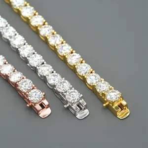 Detail of 925 silver moissanite tennis bracelets in gold, silver and rose gold finishes.