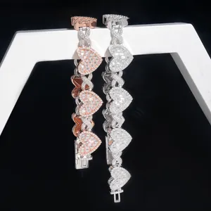 Detailed macro view of S925 silver Moissanite heart-shaped Cuban chain bracelets