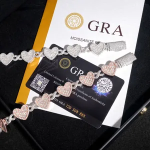 Heart-shaped S925 silver moissanite Cuban link bracelet with GRA certificate
