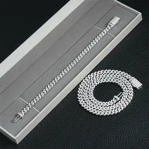 Silver Cuban link chain necklace and bracelet set with full pavé moissanite stones