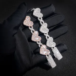 Dazzling S925 sterling silver moissanite heart-shaped Cuban chain bracelet on black velvet glove