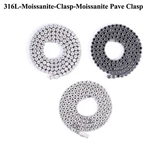 Detail view of 4-5mm 316L stainless steel moissanite tennis necklaces in black and white