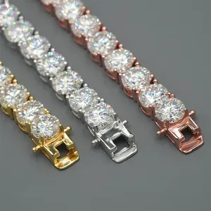 Detail view of 10mm moissanite tennis chains in gold, silver, and rose gold finishes