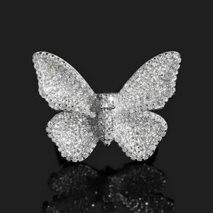 Anillo de Mariposa de Plata de Ley S925 con Moissanita Estilo Hip Hop Banda de Diamantes Pavé Certificado GRA Joyería