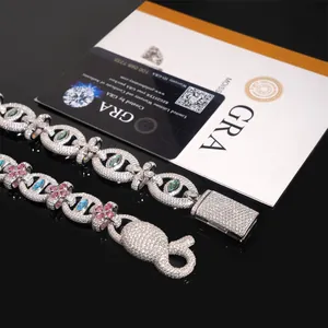 S925 sterling silver hip hop bracelet with colorful moissanite stones and GRA card