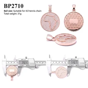 Rose gold iced out Africa map pendant with measurements, showing 39.6mm diameter and 54.7mm length.