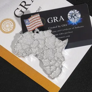 Detail view of full iced out Africa map pendant with Moissanite and US flag jewelry
