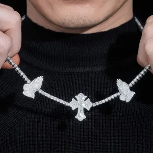 Close-up of S925 silver moissanite cross and praying hands hip-hop tennis necklace