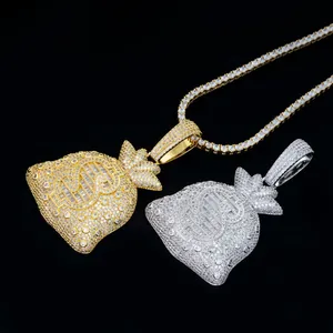 Detailed macro shot of hip-hop iced out moissanite money bag pendants in gold and silver
