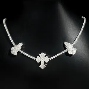 S925 silver tennis chain necklace with moissanite cross and praying hands pendants