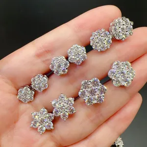 Close-up of sparkling moissanite flower stud earrings in S925 silver setting