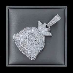 Detailed macro shot of iced out moissanite money bag pendant in silver finish