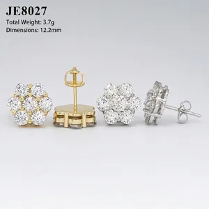 Close-up of 12.2mm Moissanite floral cluster stud earrings in gold and silver plating
