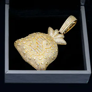 Hip hop style gold S925 silver moissanite money bag pendant displayed in jewelry box