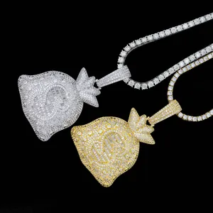 Luxury iced out S925 sterling silver moissanite money bag pendant hip hop tennis chain necklace