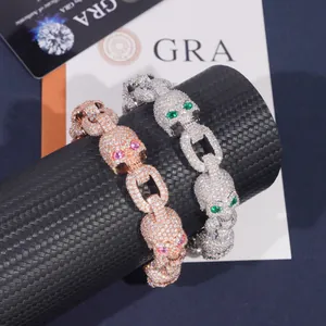 Close-up of hip-hop skull Cuban link bracelets paved with Moissanite stones