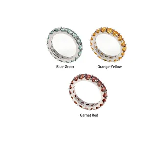 S925 silver eternity rings set with 4mm colorful moissanite stones in three vibrant colors