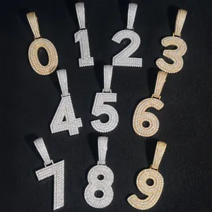 Iced-out 0-9 number pendants in 925 silver and gold finish for hip-hop style necklaces