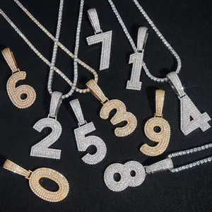 Icy moissanite 0-9 number pendants for hip-hop jewelry in silver and gold finishes
