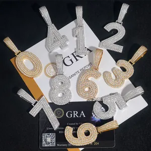 High-definition detail view of iced out 0-9 moissanite number pendants with GRA report