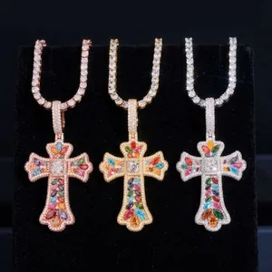 Colgante de Cruz de Plata de Ley 925 Moissanita Joyería Hip Hop Multicolor Diamante de Laboratorio Certificado GRA Collar para Hombre