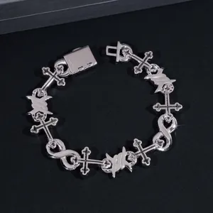 Hip hop 925 silver bracelet with moissanite cross and infinity symbols on black background
