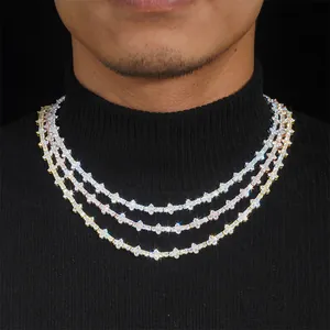 Detailed view of triple-layered 925 silver moissanite tennis necklace on model