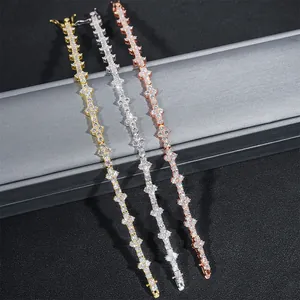 Close-up of 925 silver moissanite tennis bracelets in gold, silver, and rose gold finishes.