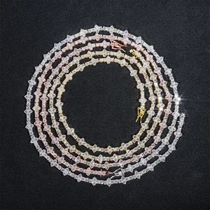 Detail view of Moissanite tennis chains in silver, gold and rose gold finishes.