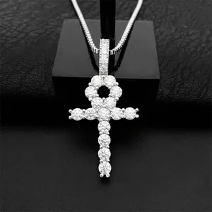 Hip Hop 925 Sterling Silver 4mm Moissanite Ankh Cross Μενταγιόν Κολιέ για Άνδρες Γυναίκες Iced Out Θρησκευτικά Κοσμήματα