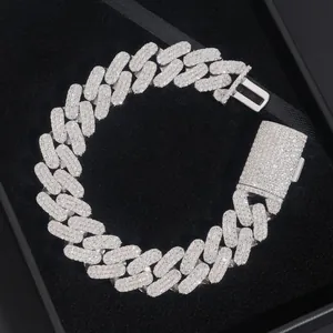 Pulsera de eslabones cubanos de moissanita helada en plata 925 con cierre de caja