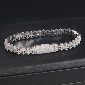Detailed view of the sparkling moissanite cross links on an 8.5mm silver Cuban bracelet