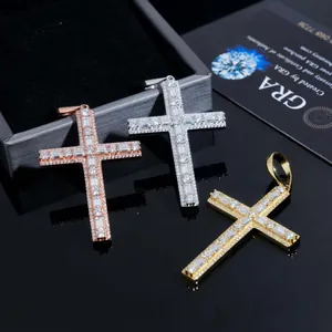 Close-up of S925 silver moissanite cross pendants in rose gold, silver, and gold