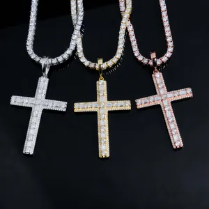 Detailed view of hip-hop moissanite cross pendants in silver, gold, and rose gold
