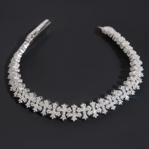 Macro view of 8.5mm S925 silver Moissanite cross motif hip-hop Cuban bracelet details
