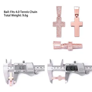 Detailed size measurement of a rose gold hip hop cross pendant with moissanite pave